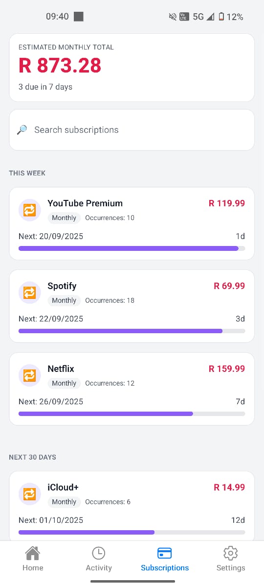 Finchy subscriptions screen